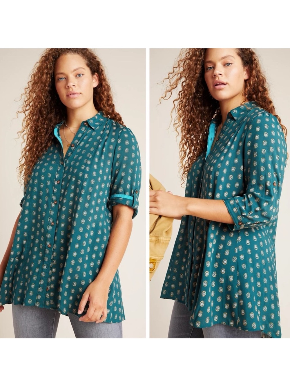 Anthropologie Teal Button-Front Tunic with Floral Medallion Print